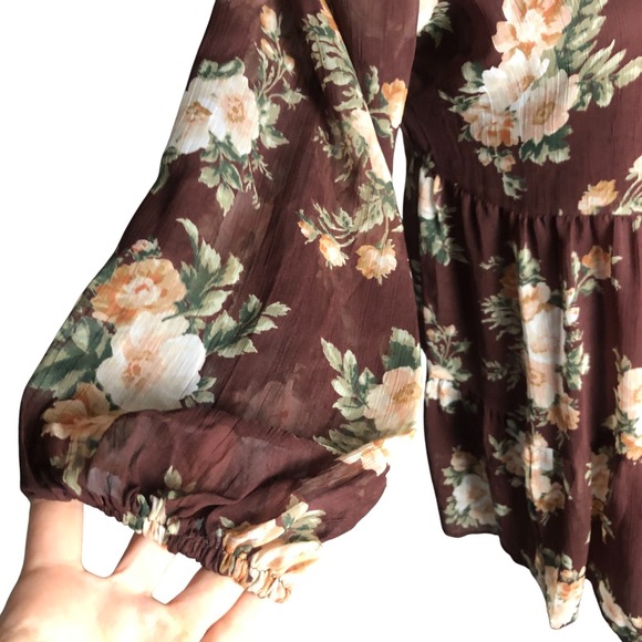 Abercrombie & Fitch‎ Women's Brown Floral Boho Tiered Babydoll Mini Dress Size S - Picture 6 of 16